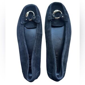 Ralph Lauren Suede Loafers Black Gold Logo Hardware Flats Preppy Classic Womens